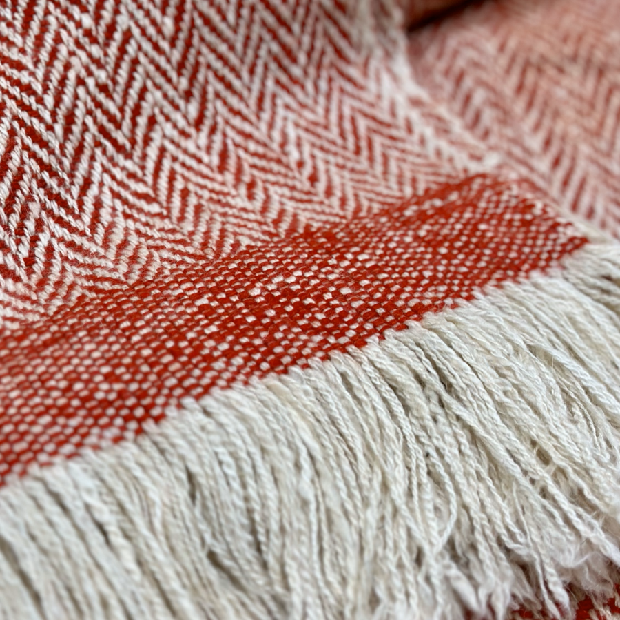 Cashmere Throw in Herringbone - Orange Red & White