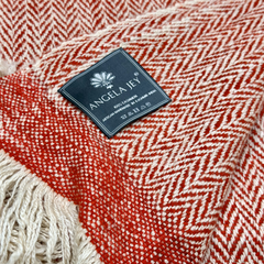 Cashmere Throw in Herringbone - Orange Red & White