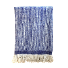 Cashmere Throw in Herringbone - Blue & White