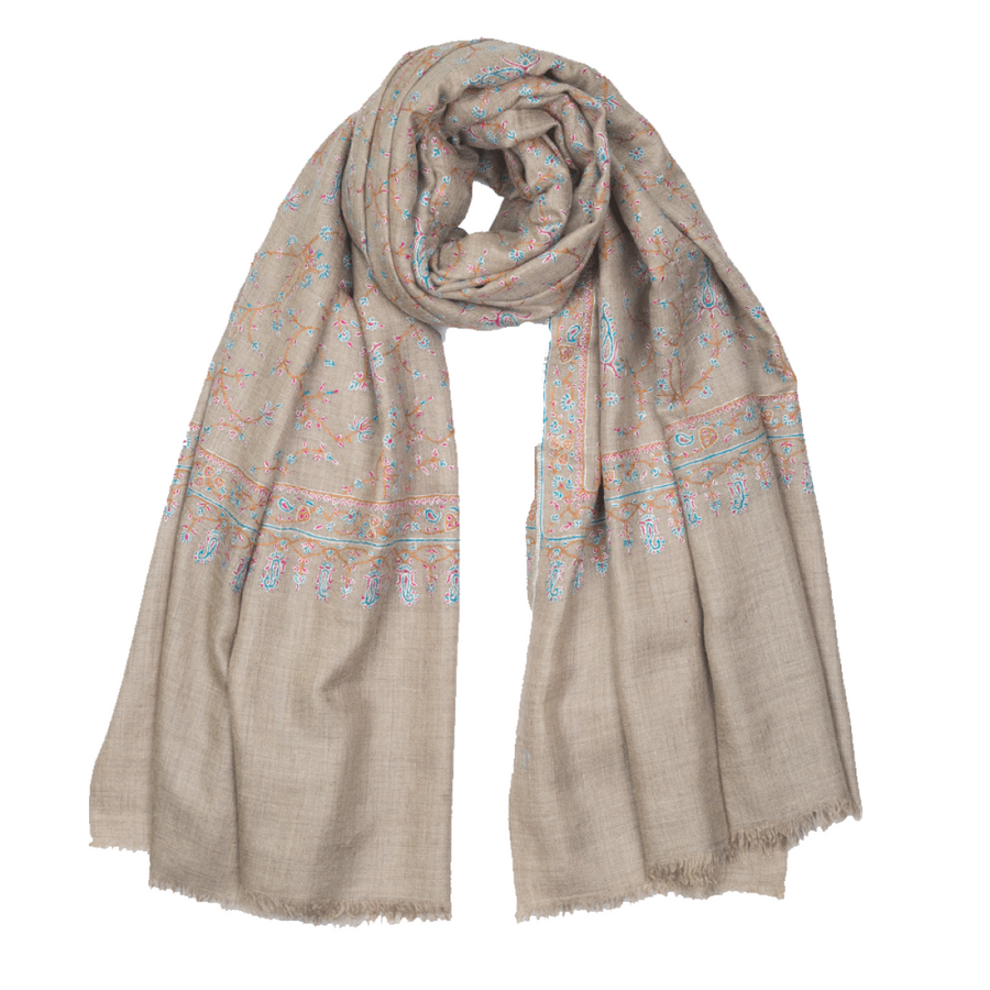 Embroidered Pashmina Shawl - Natural / White & Blue