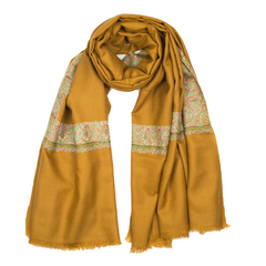Hand-embroidered Pashmina shawl in mustard and green