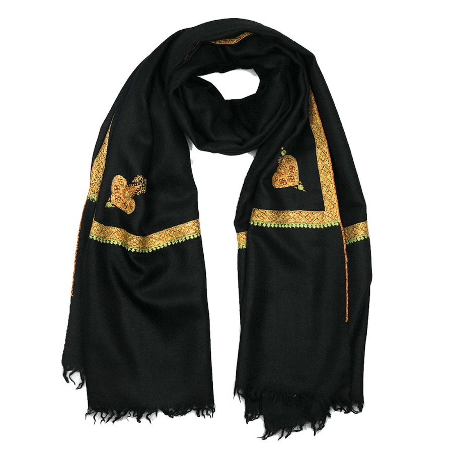 Embroidered Pashmina Stole - Black & Orange