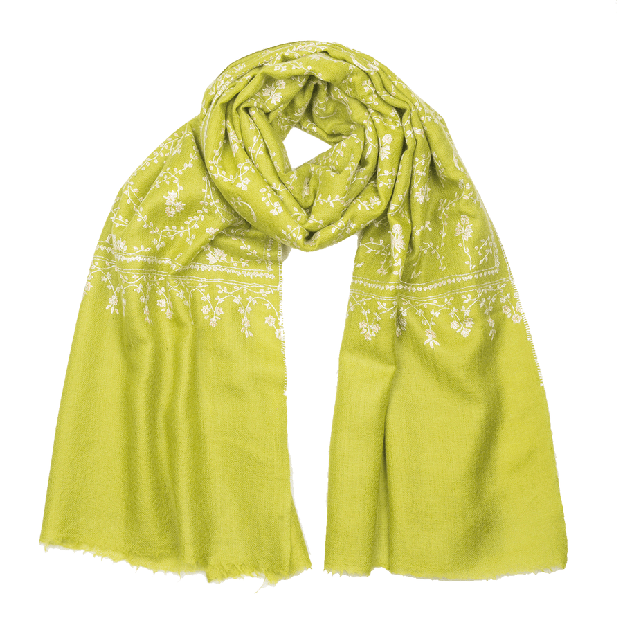 Embroidered Pashmina Stole - Lime Green & Light Salmon