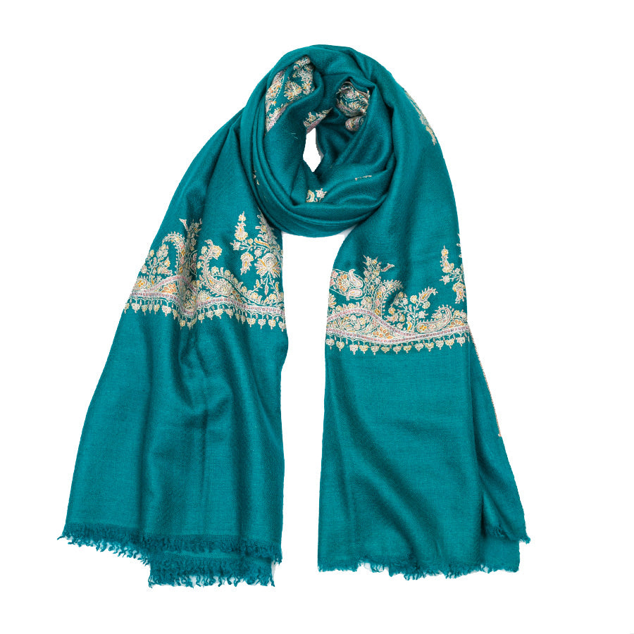 Embroidered Pashmina Stole - Teal Green