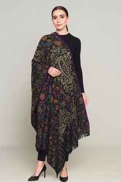Handwoven Kani Pashmina Shawl - Black Multi Color Floral
