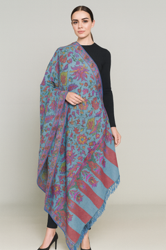 Handwoven Kani Pashmina Shawl - Blue Purple Floral