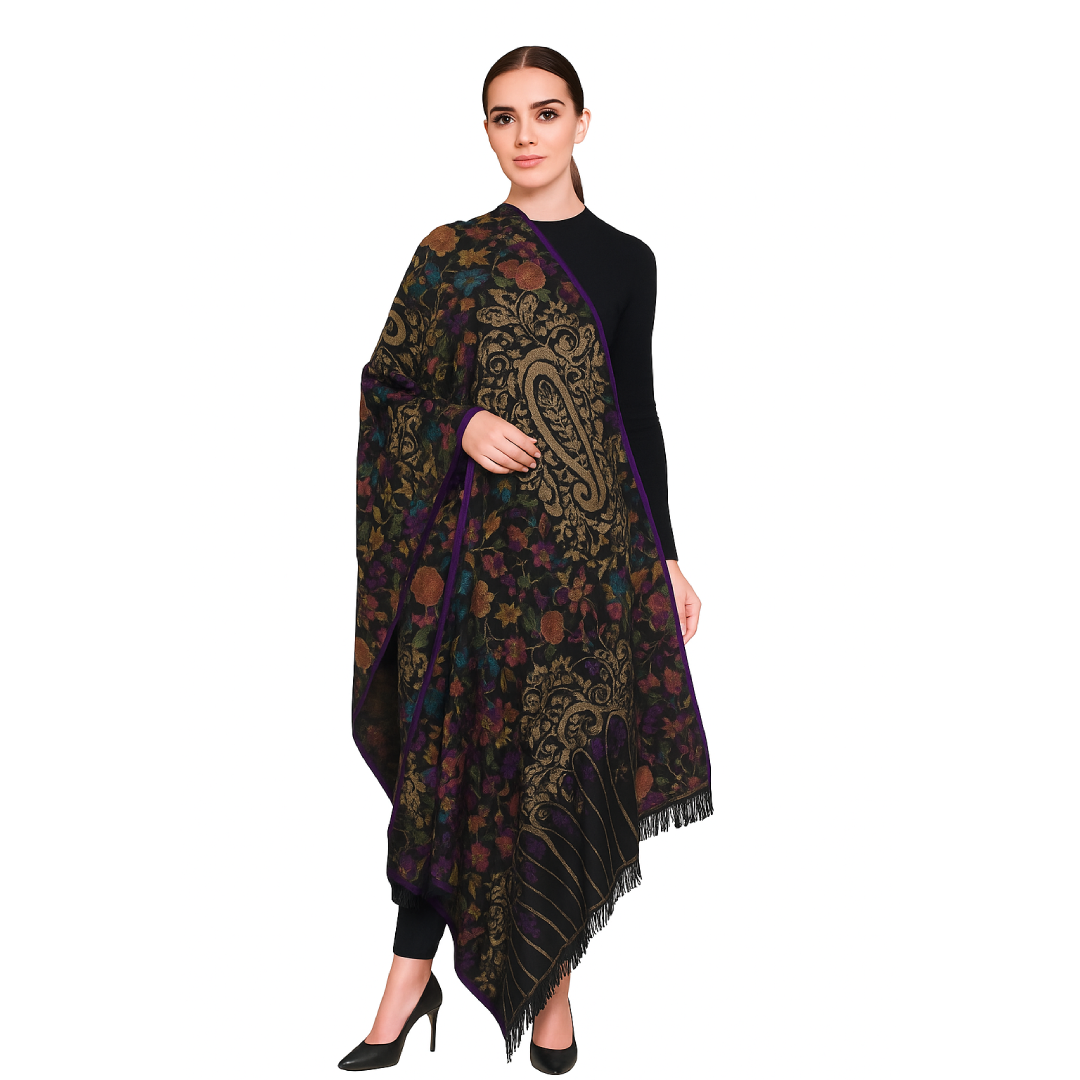 Handwoven Kani Pashmina Shawl - Black Multi Color Floral