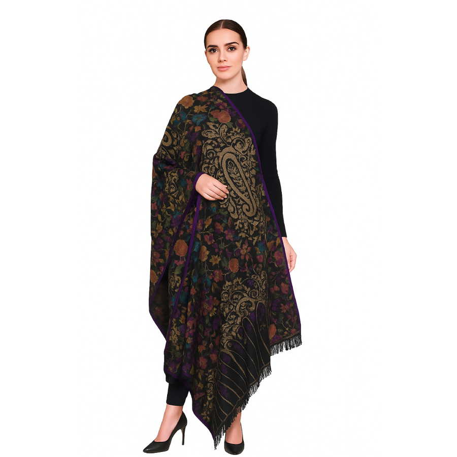 Handwoven Kani Pashmina Shawl - Black Multi Color Floral