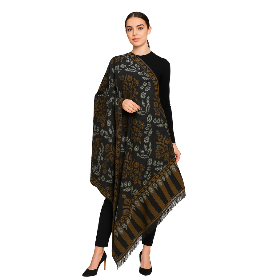 Handwoven Kani Pashmina Shawl Black Multi Colour Floral