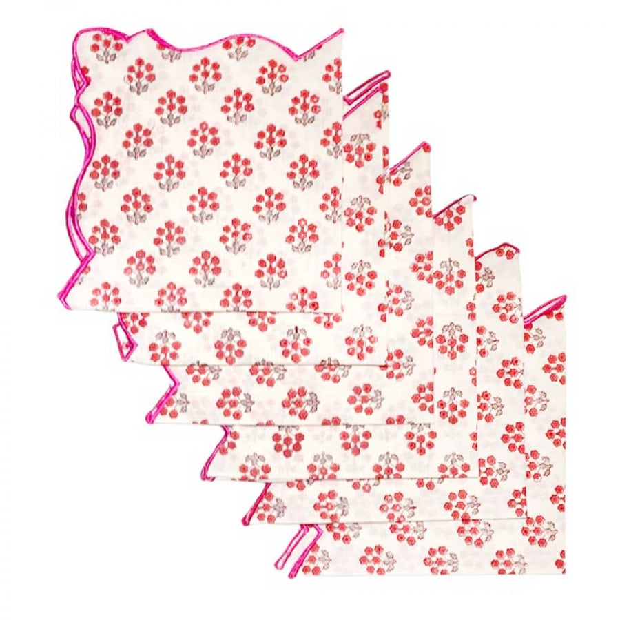 Cotton Scallop Embroidered Printed Napkin - Cherry Red (Set of 6)