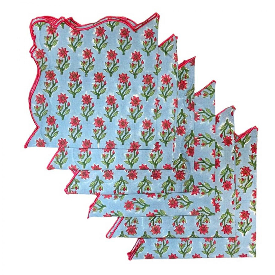 Cotton Scallop Embroidered Printed Napkin - Cerulean Blue (Set of 6)
