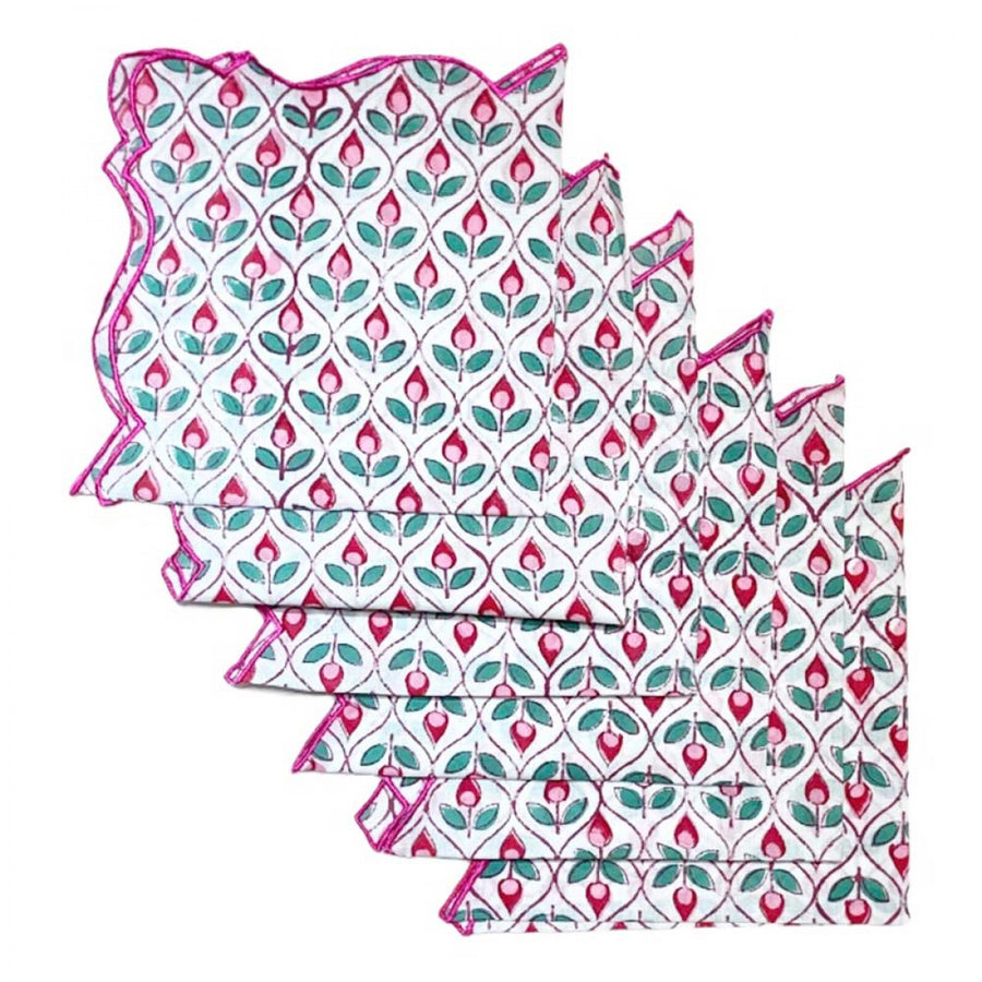 Cotton Scallop Embroidered Printed Napkin - Rose Bud (Set of 6)