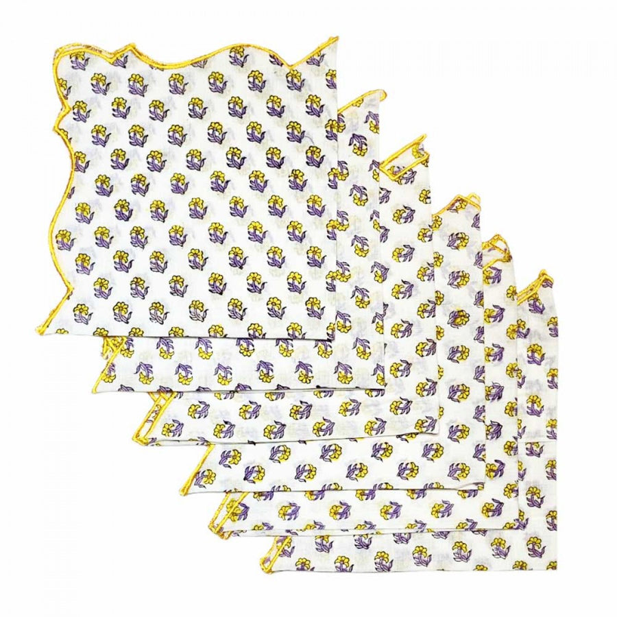 Cotton Scallop Embroidered Printed Napkin - Yellow Flower (Set of 6)