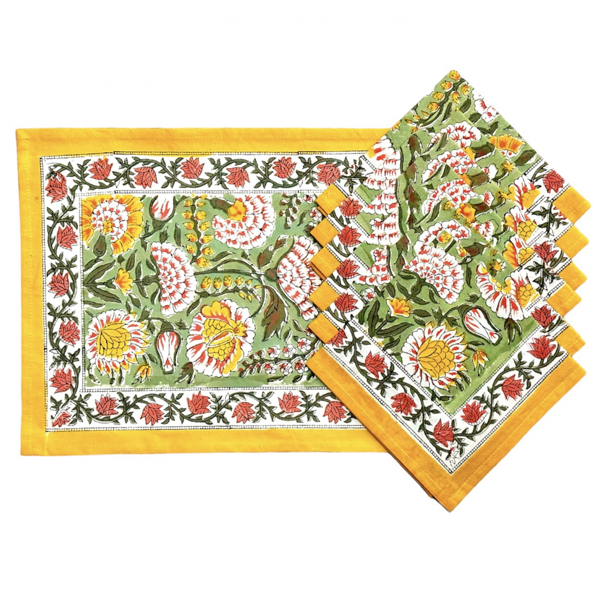 Block Printed Table Mat & Napkin Set - Yellow (set of 6)