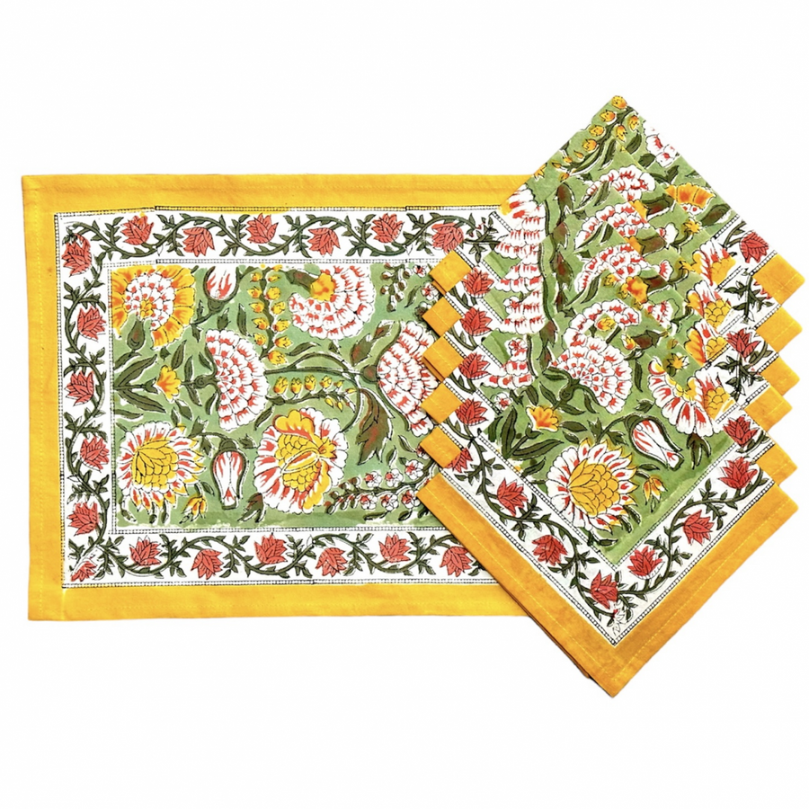 Block Printed Table Mat & Napkin Set - Yellow (set of 6)