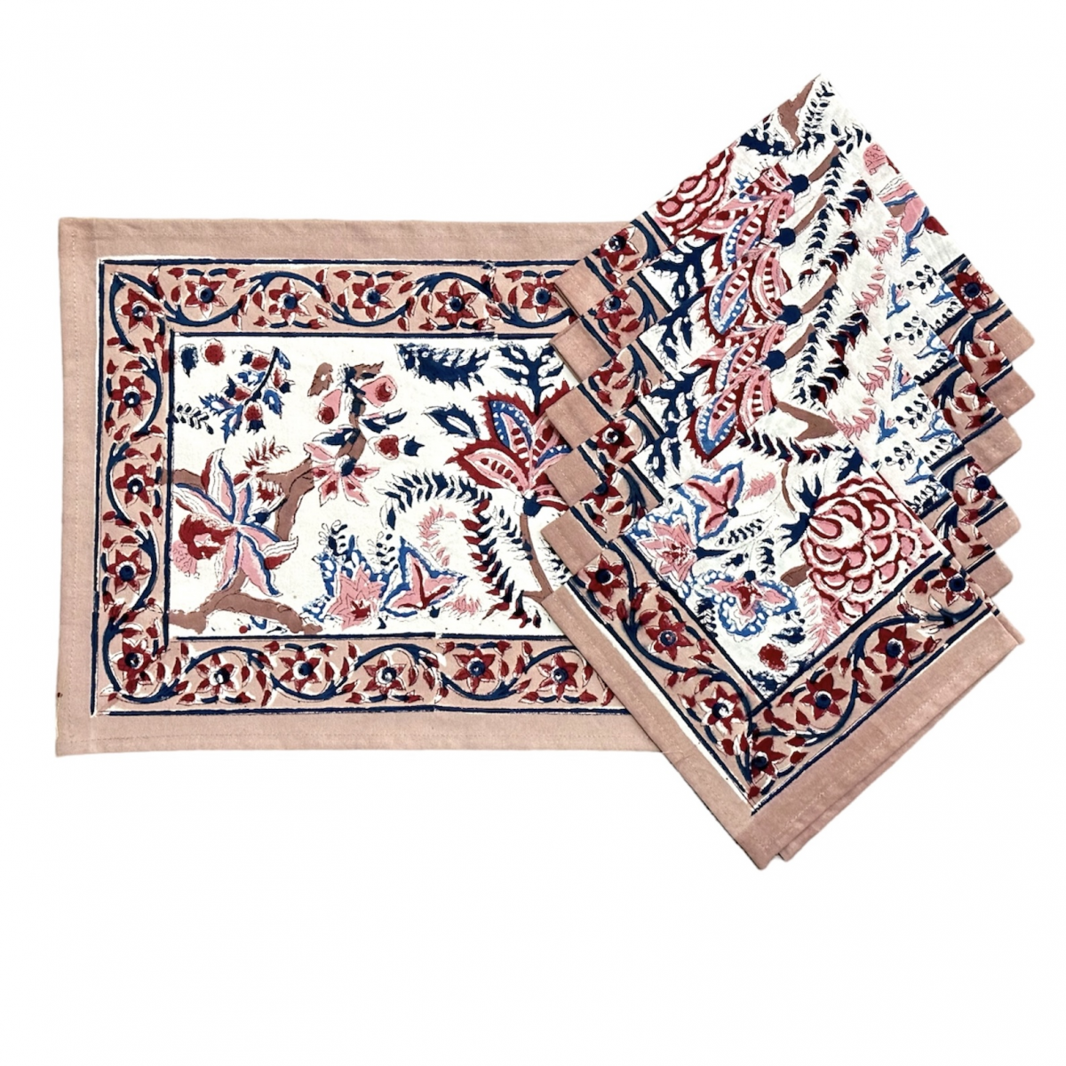 Block Printed Table Mat & Napkin Set - Rose Dust (set of 6)