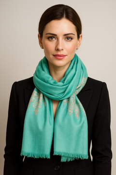 Embroidered Pashmina Shawl - Teal & Orange