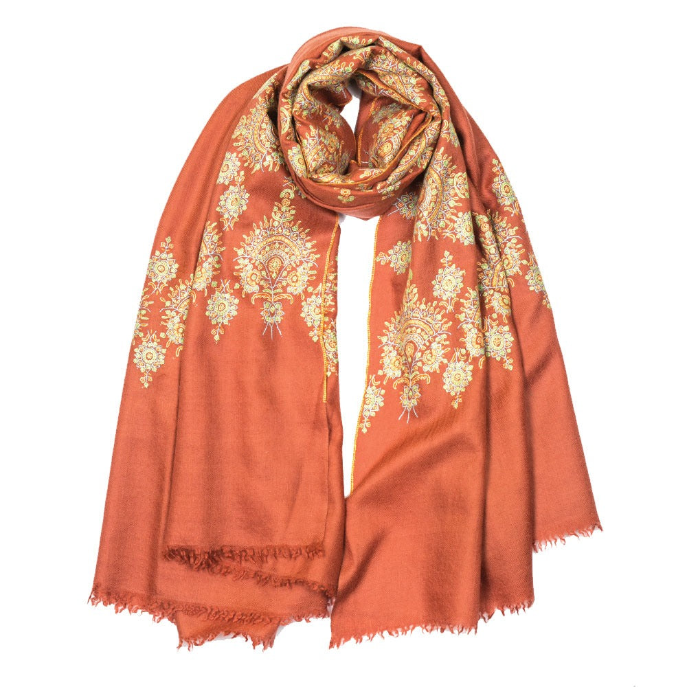 Embroidered Pashmina Shawl - Rust &amp; Green