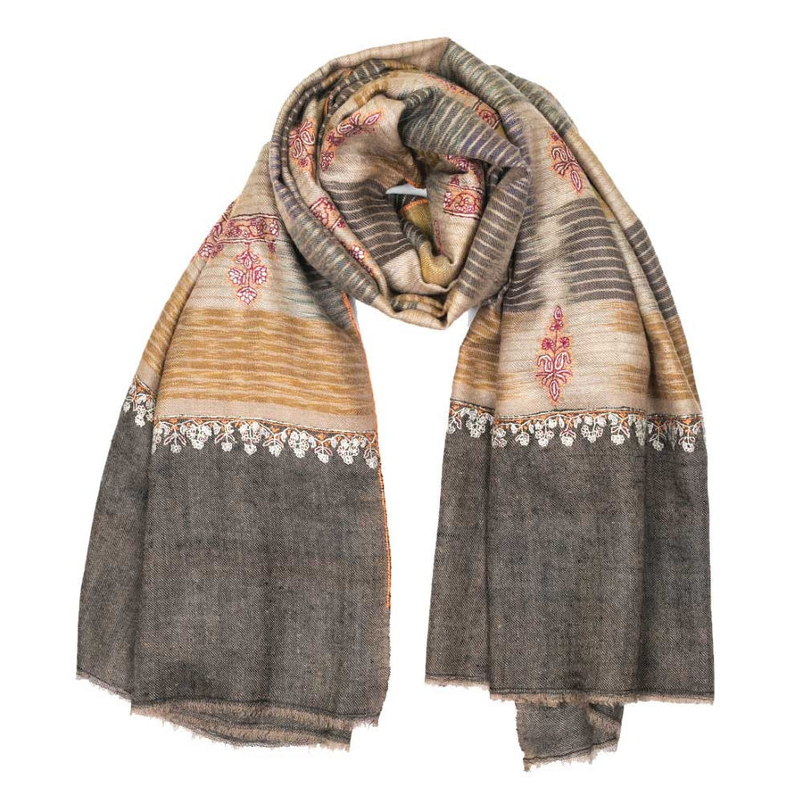 Embroidered Pashmina Shawls Ikat - Black & Gold Stripes