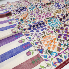 Handwoven Kani Pashmina Shawl - White Blue & Purple Floral